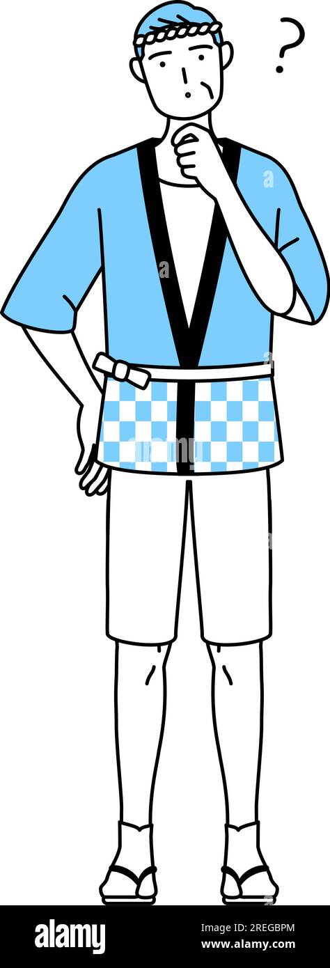 Senior man wearing Happi coat for summer festivals nodding his head in ...