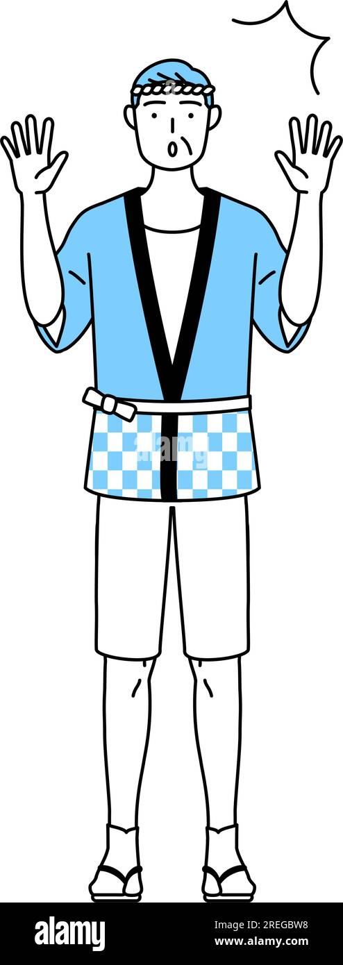 Senior man wearing Happi coat for summer festivals raising his hand in ...