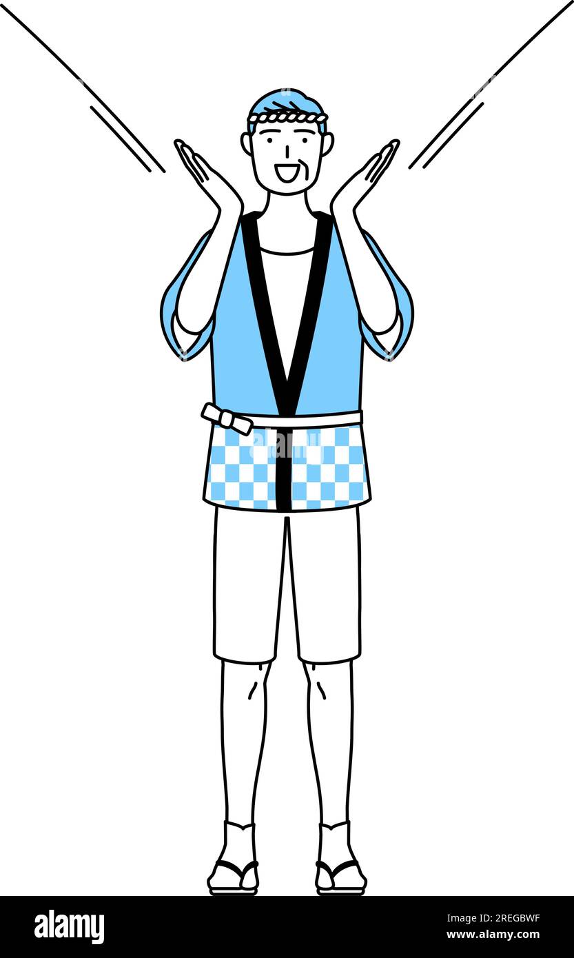 Senior man wearing Happi coat for summer festivals calling out with his ...