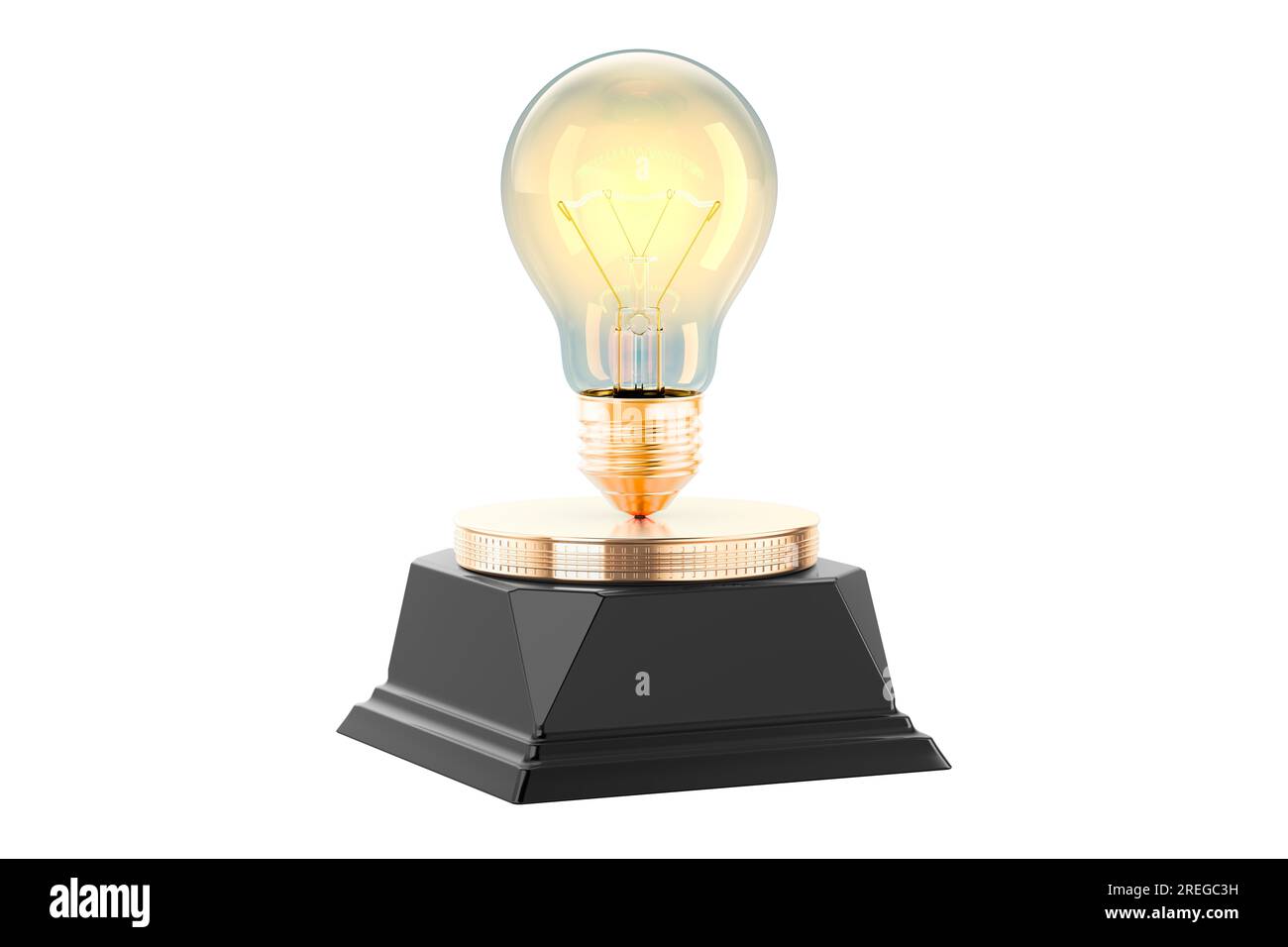 Golden light bulb, Award Trophy Pedestal. 3d Rendering isolated on white background Stock Photo