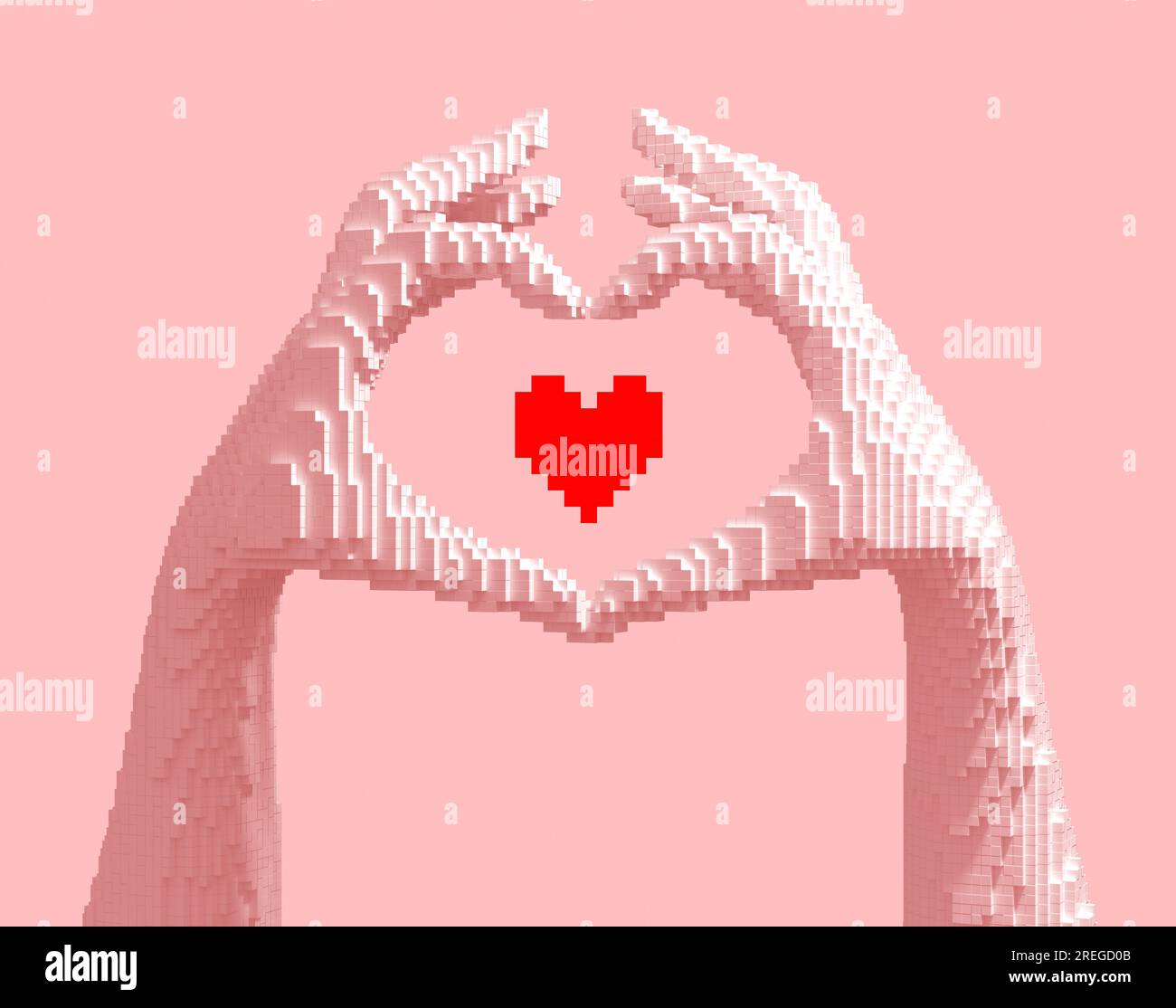 Digital heart from hands made of 3d pixels. NFT concept. 3d illustration. Stock Photo