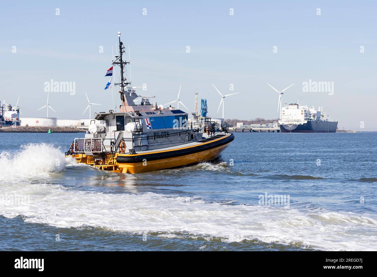 rotterdam, the Netherlands - 2022-02-26: A small vessel of pilot service in the port of Rotterdam at high speed Stock Photo