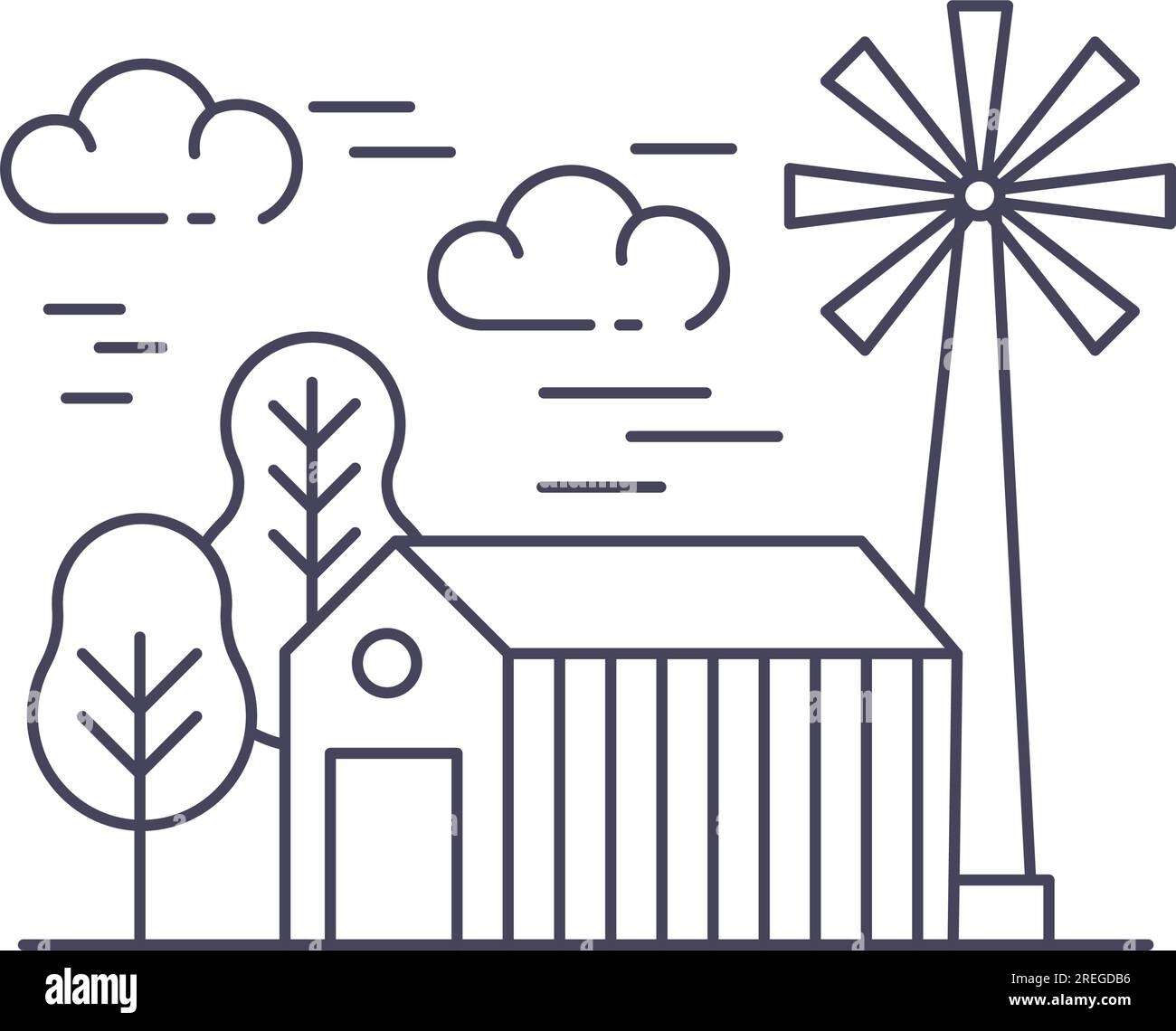 Village and country area landscape. Barn with mill and propellers, windmill and production of flour. Agriculture and eco farming, ecological and bio p Stock Vector