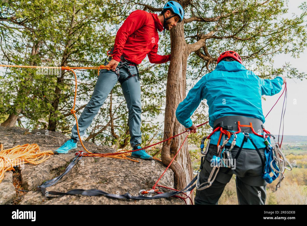Climbing Partners Set Top Rope Anchors Stock Photo Alamy