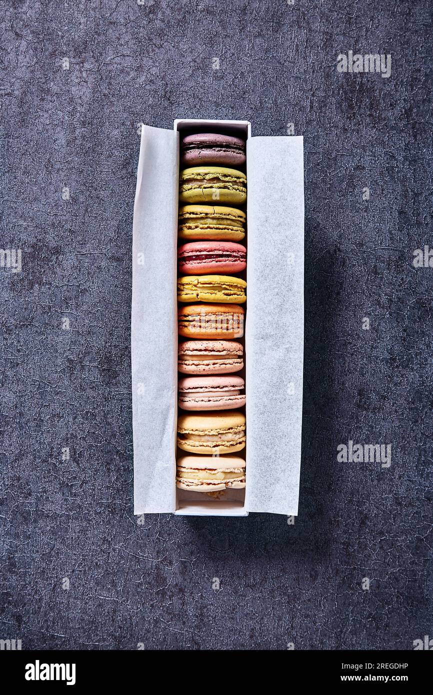 Macarons in a gift box viewed from above Stock Photo