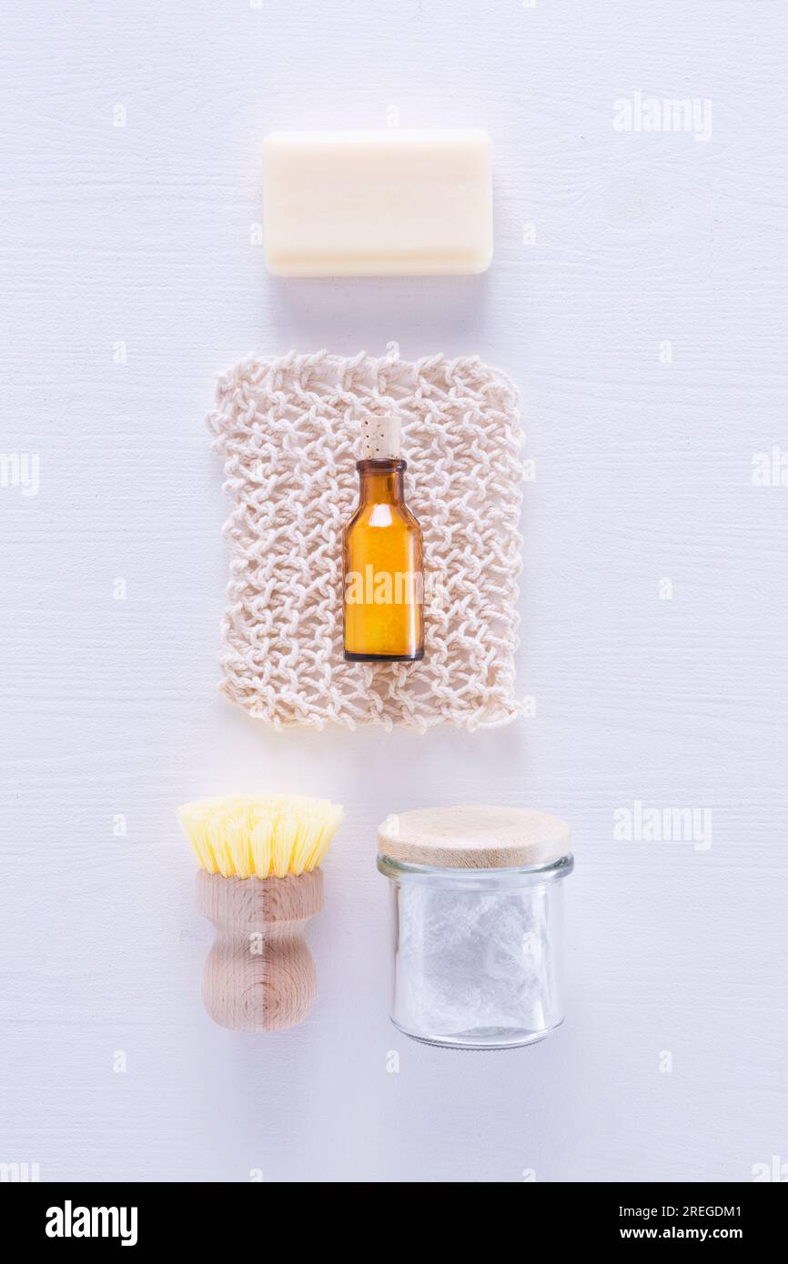 Ecologically friendly cleaning rag, soap and baking soda Stock Photo