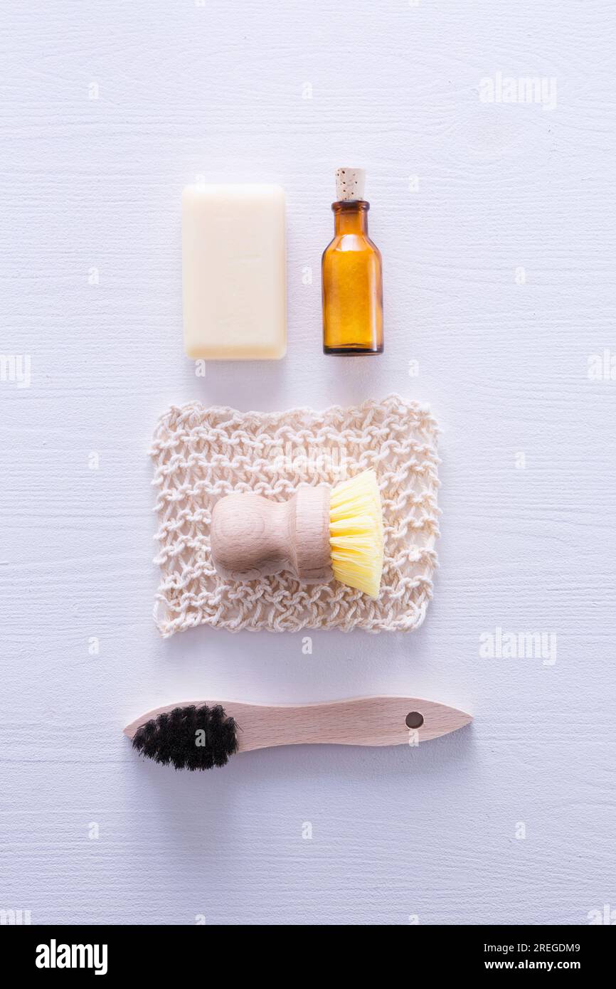 Ecologically friendly brush, cleaning rag, soap and baking soda Stock Photo
