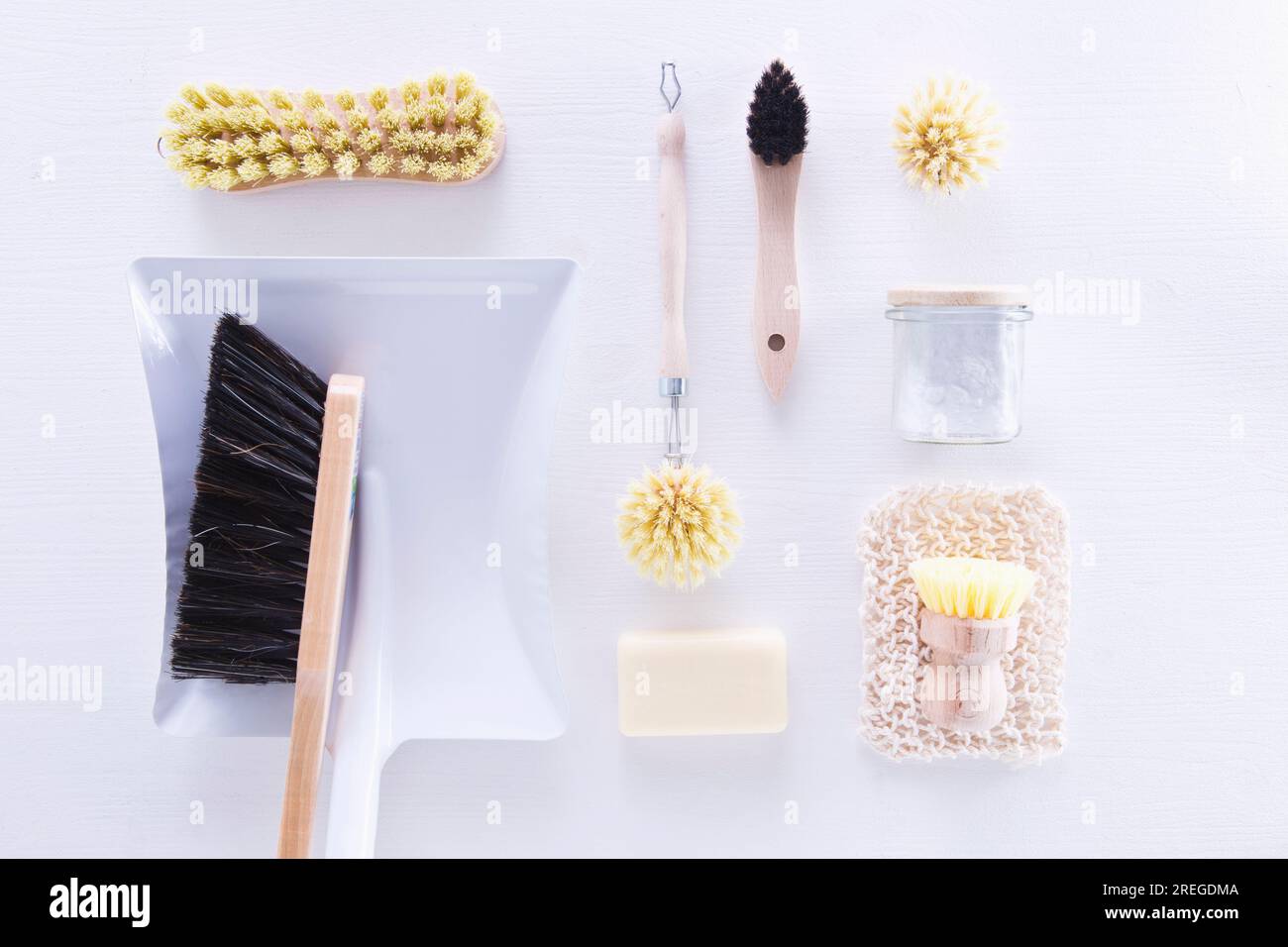 Ecologically friendly brushes, cleaning rags, soap and baking soda