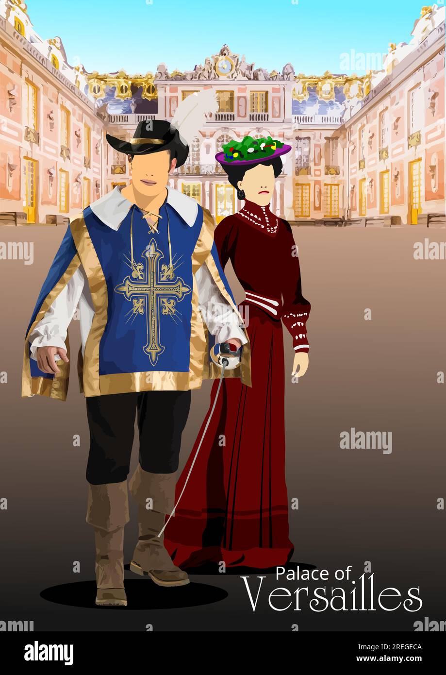Musketeer and young lady on Versailles image background. 3d vector color illustration Stock Vector