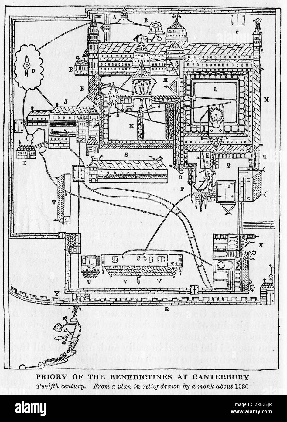 Plan of the Benedictine Monastery at Canterbury in the 12th century, from a plan drawn by a monk in about 1530 Stock Photo