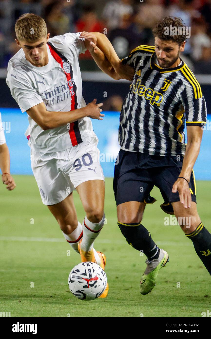 Los Angeles, United States. 27th July, 2023. AC Milan's Charles De Ketelaere (L) and Juventus' Daniele Rugani (R) in action during a Soccer Champions Tour match between the AC Milan and the Juventus F.C. in Carson. Final score; Juventus 3:2 AC Milan (Photo by Ringo Chiu/SOPA Images/Sipa USA) Credit: Sipa USA/Alamy Live News Stock Photo