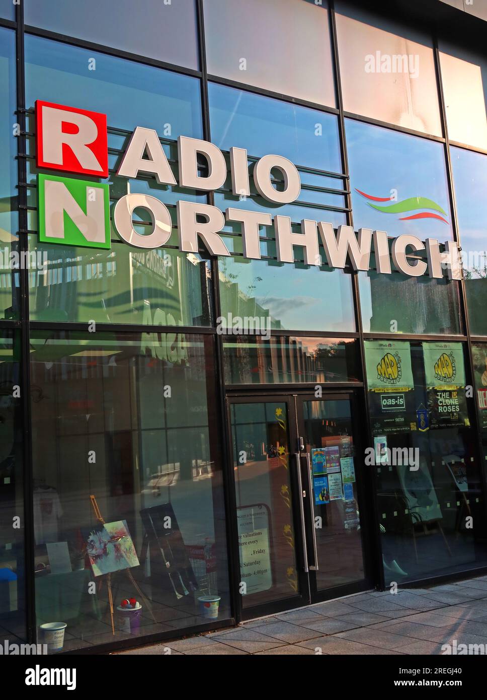 Exterior of Radio Northwich, a community radio station broadcasting local music, news and community programming in Northwich, Cheshire, England, UK Stock Photo