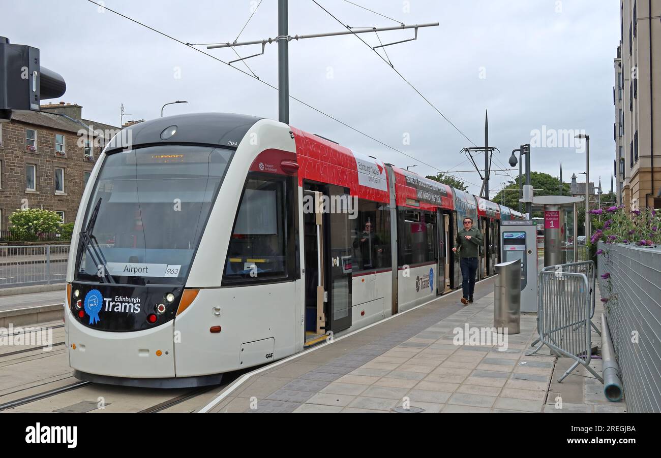 Edinburgh Trams service to Edinburgh Airport at the Newhaven terminus, showing a modern CAF-built tram at the platform EH6 4DF Stock Photo