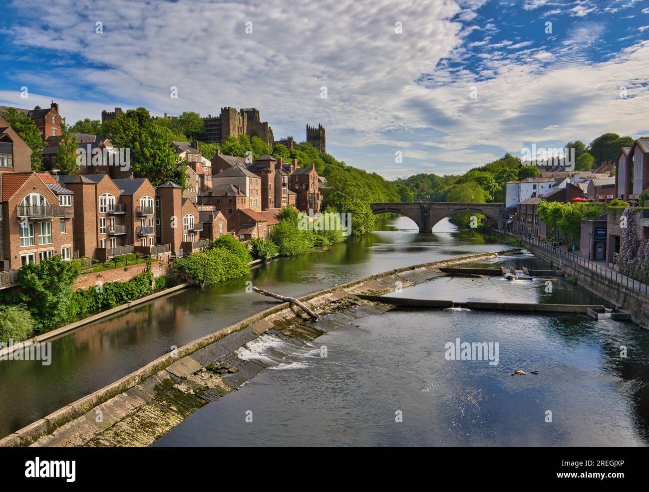 Looking along the beautiful River Wear in Durham towards Framwellgate Bridge, Durham Castle and the Cathedral. Stock Photo
