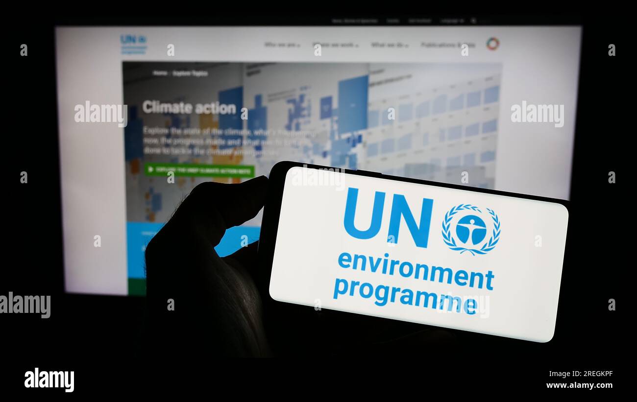 Person holding cellphone with logo of United Nations Environment Programme (UNEP) on screen in front of webpage. Focus on phone display. Stock Photo