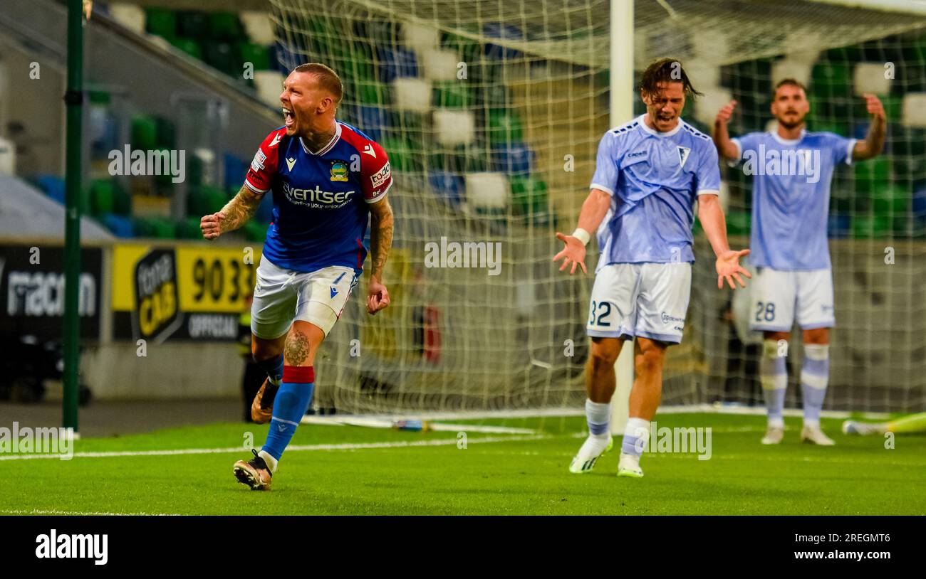 Linfield player Kirk Millar - Linfield Vs Pogoń Szczecin, UEFA Europa Conference League, Thursday 27th July 2023, Windsor Park Belfast Stock Photo