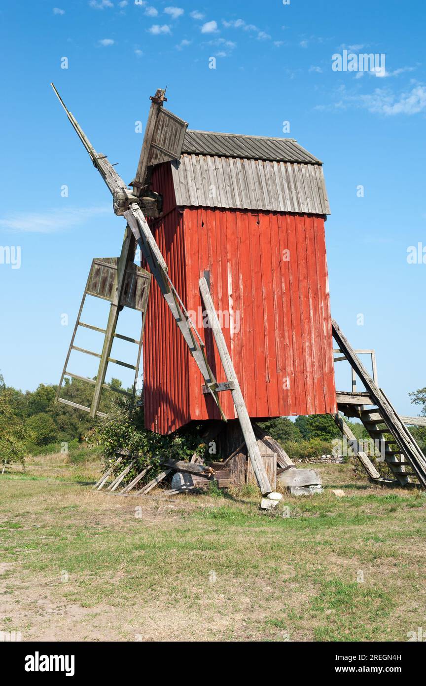 Old wooden windmill in Störlinge, municipality of Borgholm, island of Öland, Kalmar County, Sweden Stock Photo
