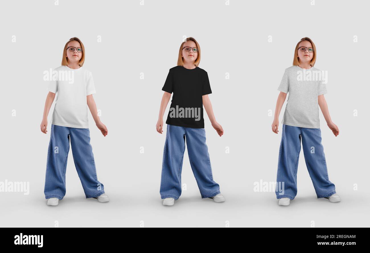 Mockup of a white, black, heather t-shirt for a full-length girl, front, a shirt for a child in jeans, glasses. Apparel set for design. Shirt template Stock Photo