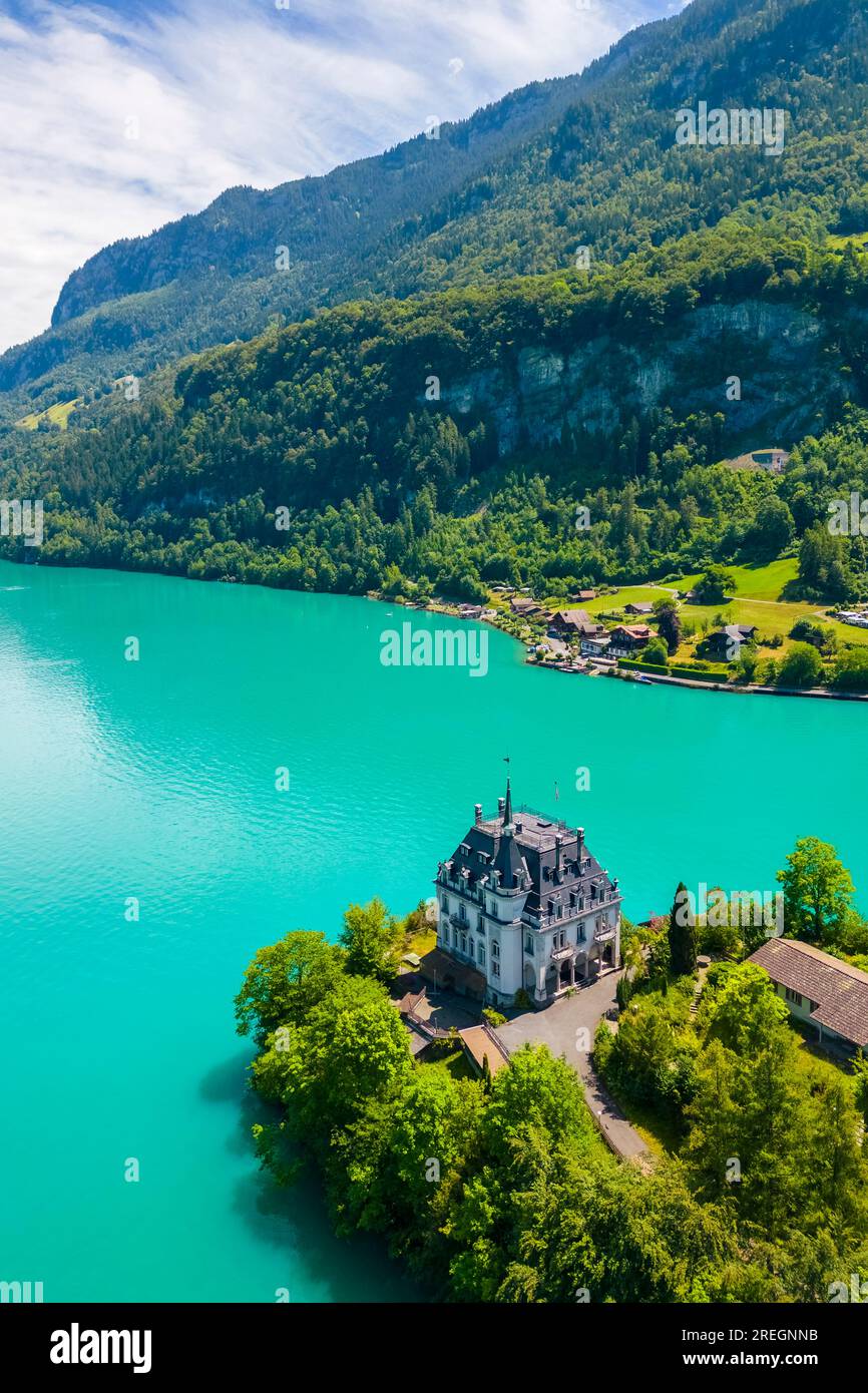 Aerial view of the village of Iseltwald on Lake Brienz. Iseltwald, Lake Brienz, Bernese Oberland, Interlaken-Oberhasli, Canton of Bern, Switzerland. Stock Photo