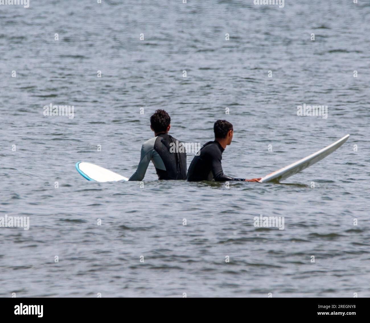 Rear view of two boys sitting on their surfboards wearing black wetsuits in the ocean waiting to catch a wave to surf. Stock Photo