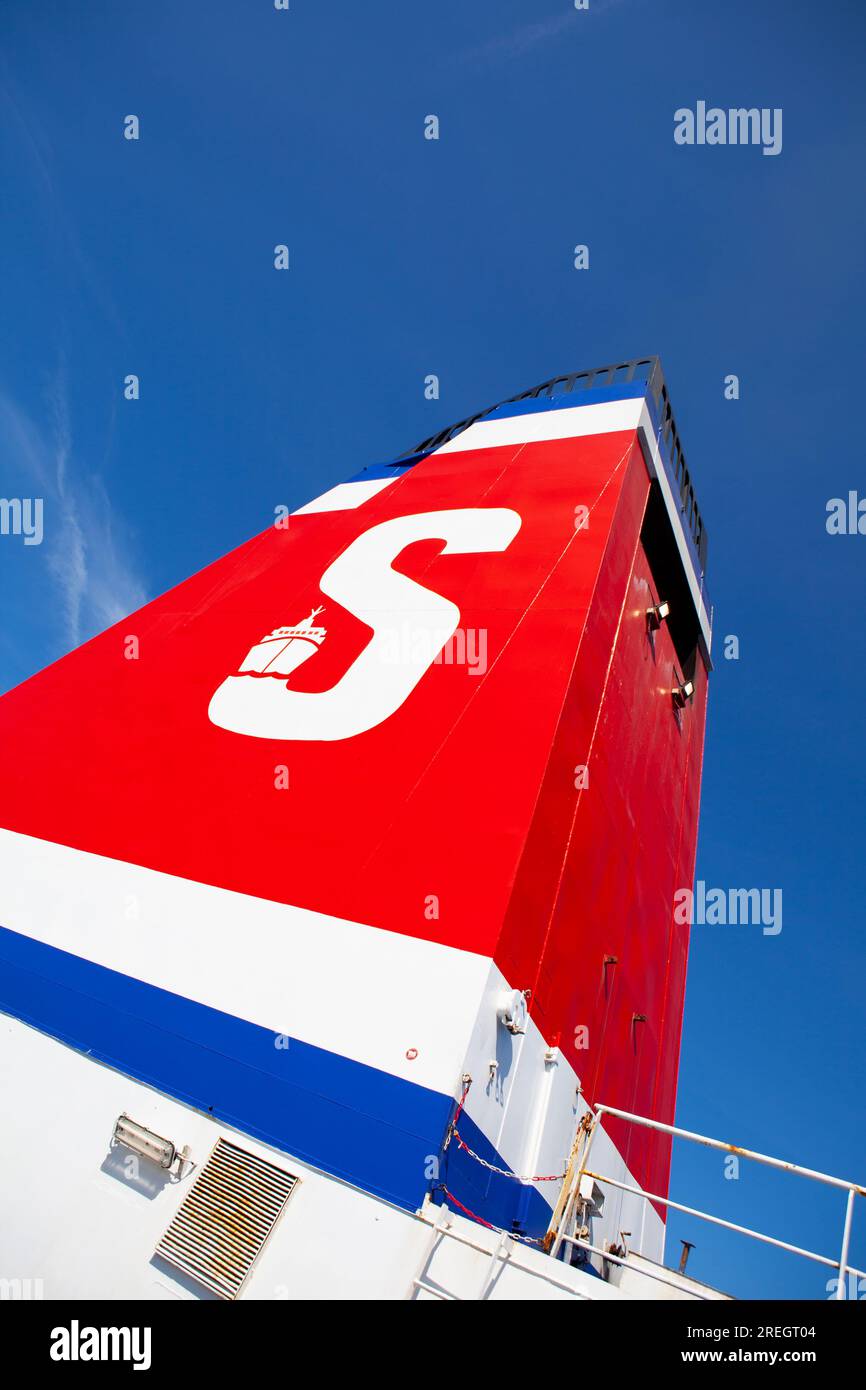 Funnel of a Stena line ferry en route to Ireland. Stock Photo
