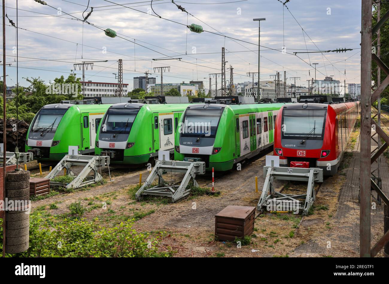 Essen, North Rhine-Westphalia, Germany - S-Bahn trains stand on a siding at the buffer stop at Essen main station. Stock Photo