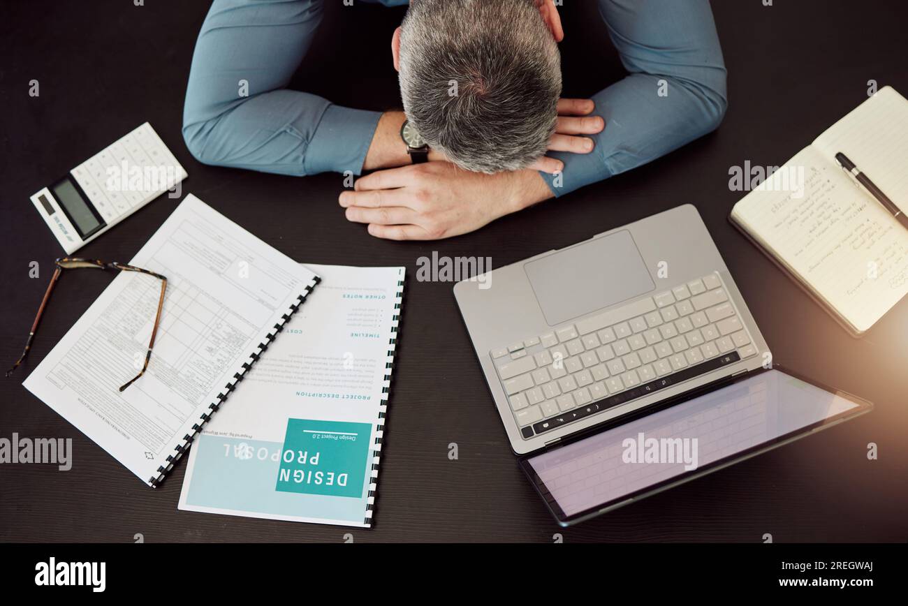 Business man, sleep and desk in top view with laptop, documents and ...