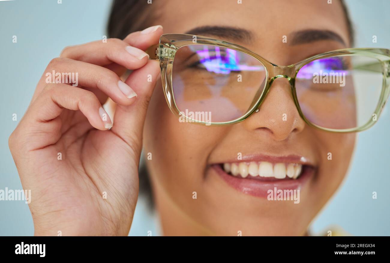 Woman, glasses and vision with blue light frame with a smile with