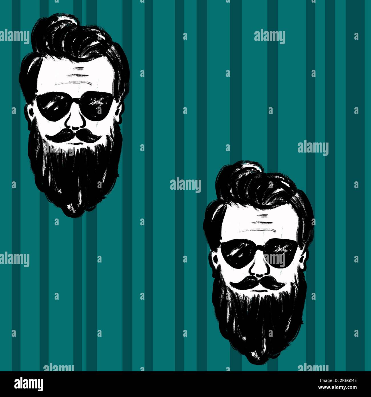 Hand drawn seamless pattern with man men male faces inblack white on striped teal green background. Masculine minimalist retro vintage design for barbers husband gift, beard mustache glasses trendy fashion Stock Photo