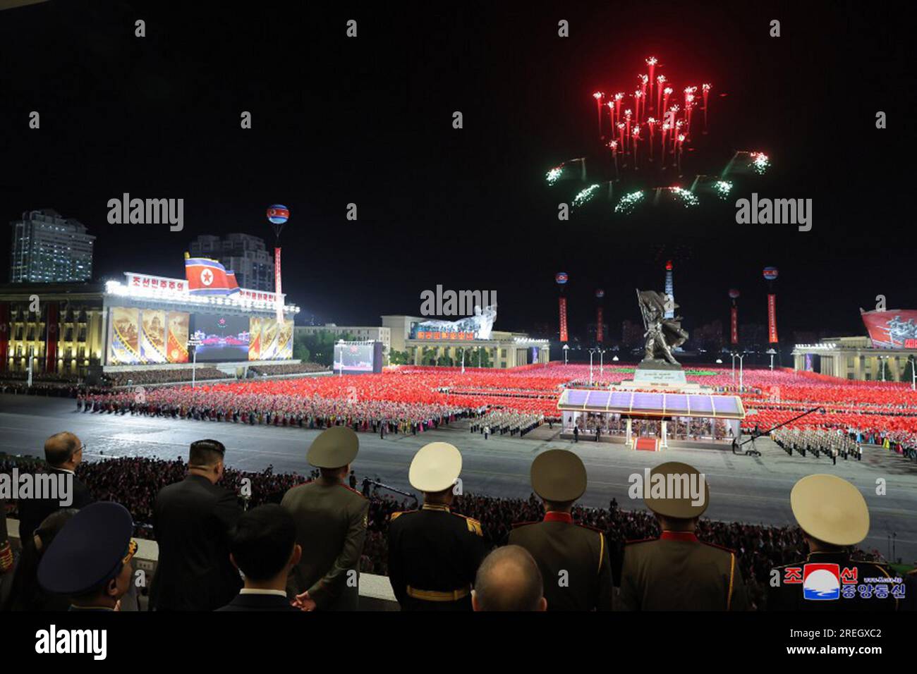 Pyongyang, North Korea. 28th July, 2023. This image released on July 28, 2023, by the North Korean Official News Service (KCNA), shows North Korean leader Kim Jong Un presiding over a military parade celebrating the 70th anniversary of the victory in the Fatherland Liberation War (Korean War) on Thursday, July 27. Present on either side of the North Korean leader were General Sergei Shoigu, Minister of Defence of the Russian Federation, and Li Hongzhong, vice-chairman of the Standing Committee of the Chinese National People's Congress. Photo by KCNA/UPI Credit: UPI/Alamy Live News Stock Photo