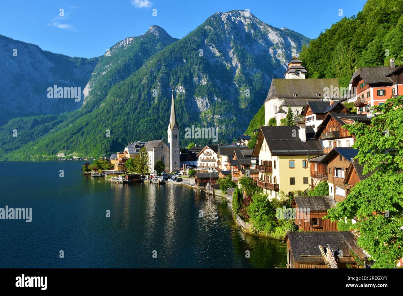 View of Hallstatt town at the shore of Hallstätter See and Dachstein mountains in Salzkammergut area of Upper Austria Stock Photo