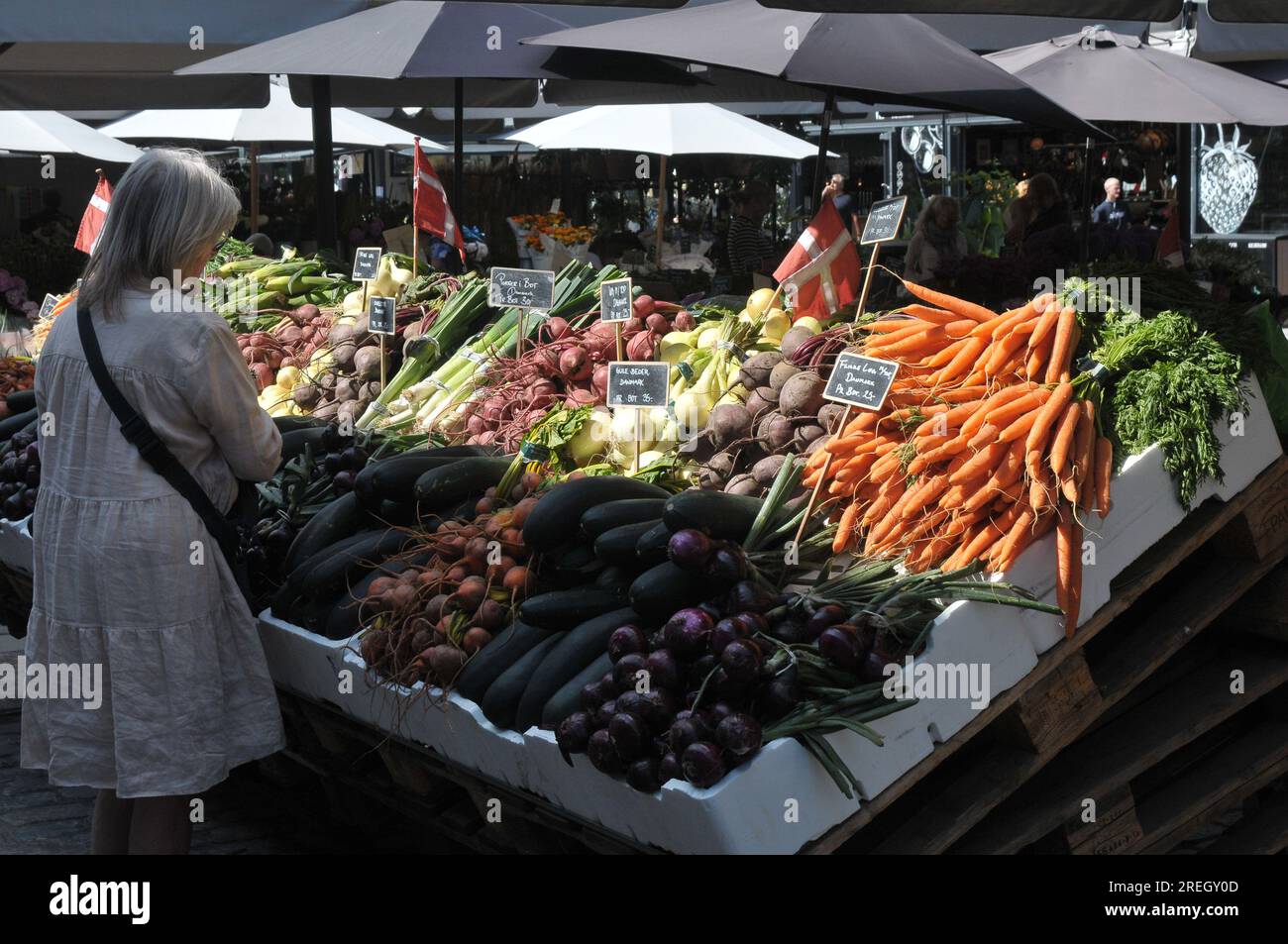 28 July 2023/ Vegetable and fruit shoppers at farmers market in danish