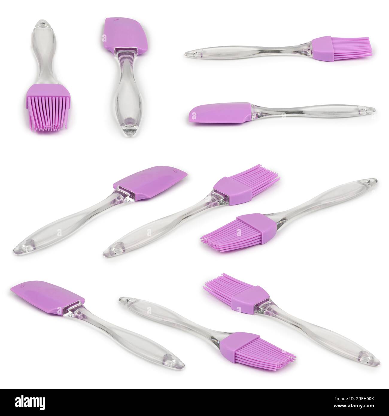 Pink culinary brush and rubber spatula, kitchen utensil. Isolated on