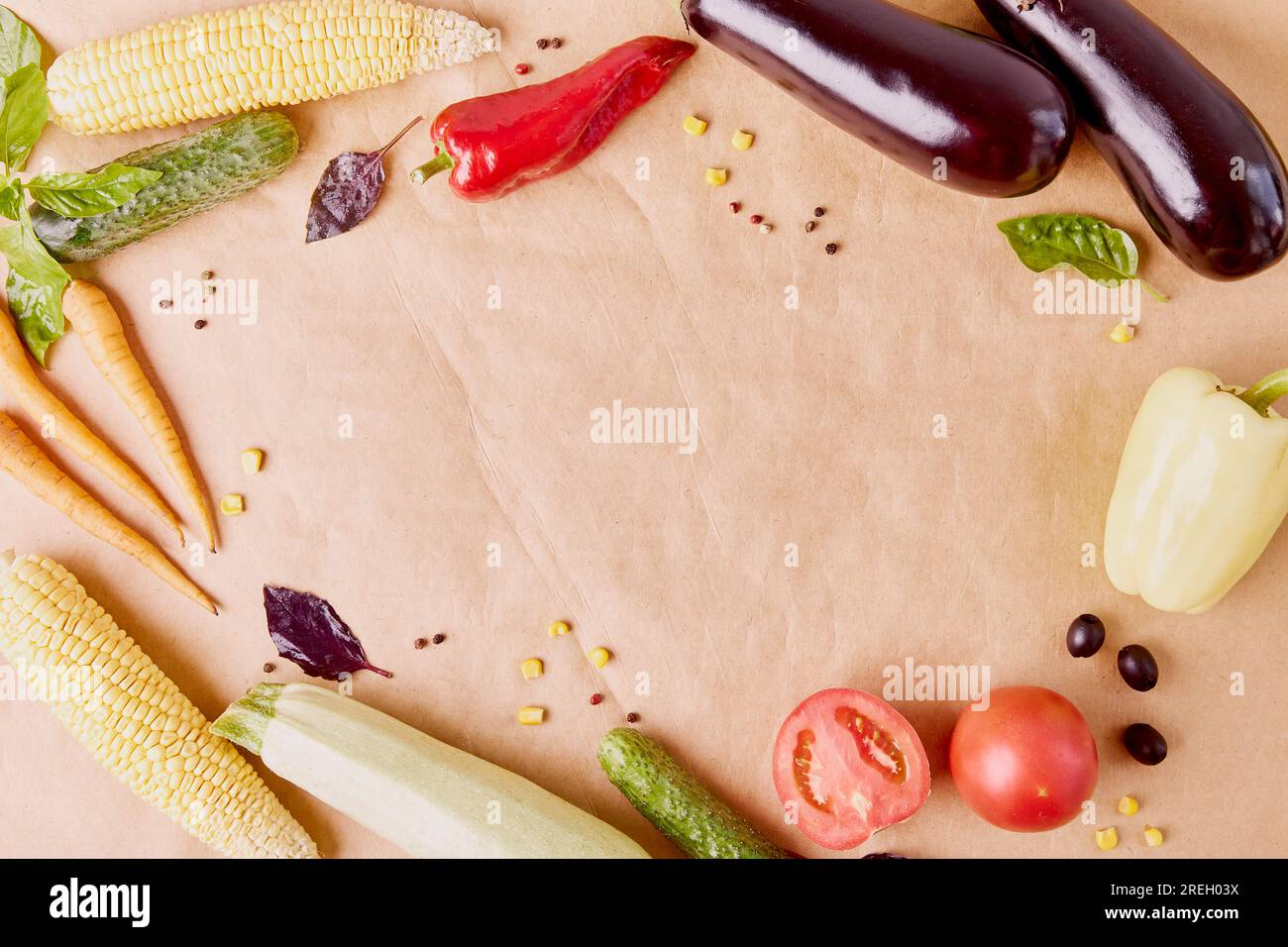 Aesthetic composition of organic vegetables, greenery top view, copy