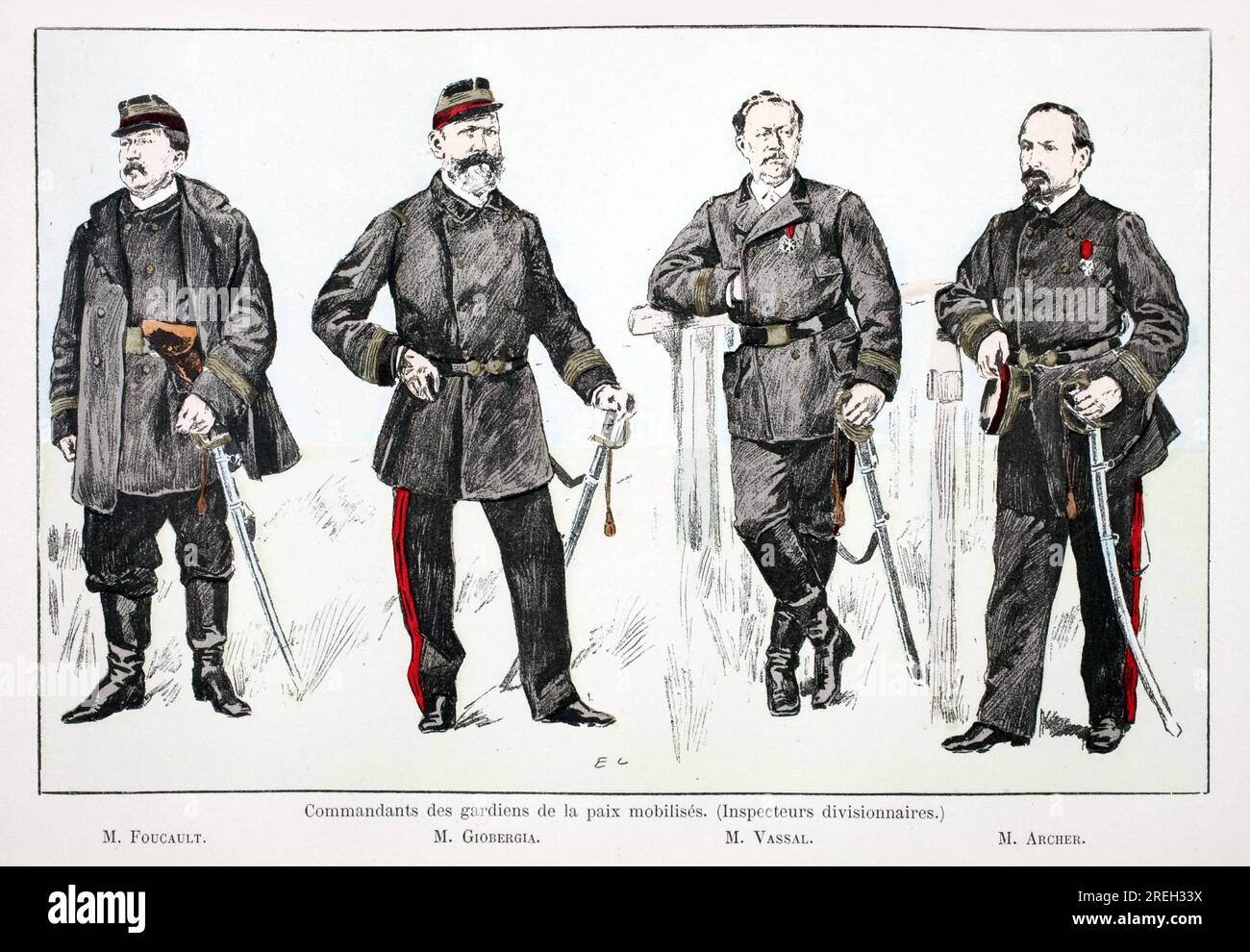 Commandants des gardiens de la paix mobilises (inspecteurs divisionnaires), de gauche a droite: M.Foucault, M.Giobergia, M.Vassal, M.Archer. Eau forte en couleurs, pour illustrer 'Histoire du corps des gardiens de la paix' ouvrage publie sous les auspices de Louis Lepine (1846-1933) prefet de police de la Seine, par Alfred Rey (1864-?) et Louis Feron (1862-?), edition Firmin Didot et Cie, 1896, Paris. Stock Photo