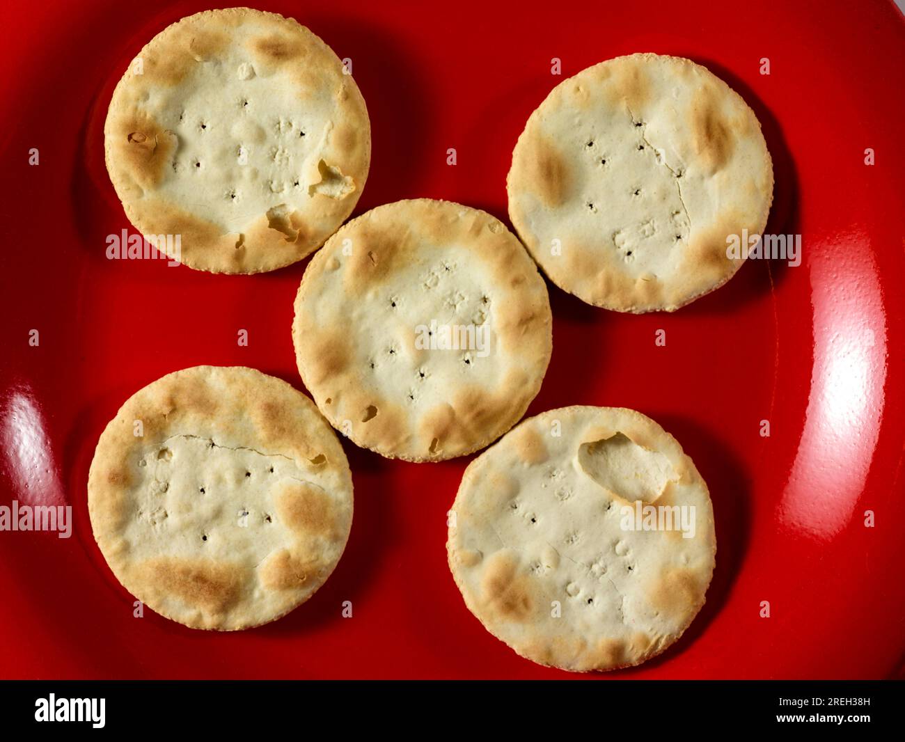 Classic close up food still life of Water biscuits clean and crisp