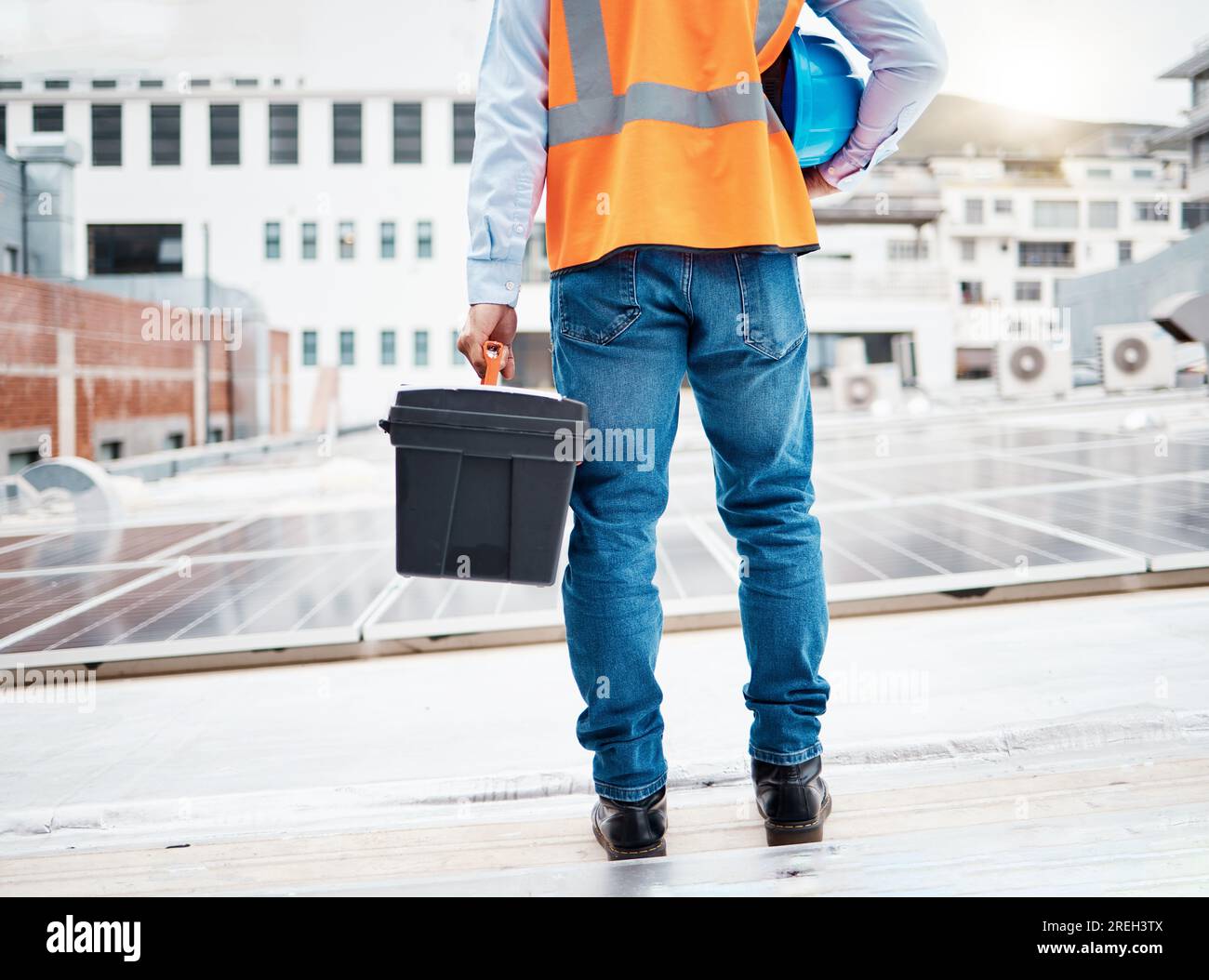 Tool box, construction worker and back with solar panel maintenance and