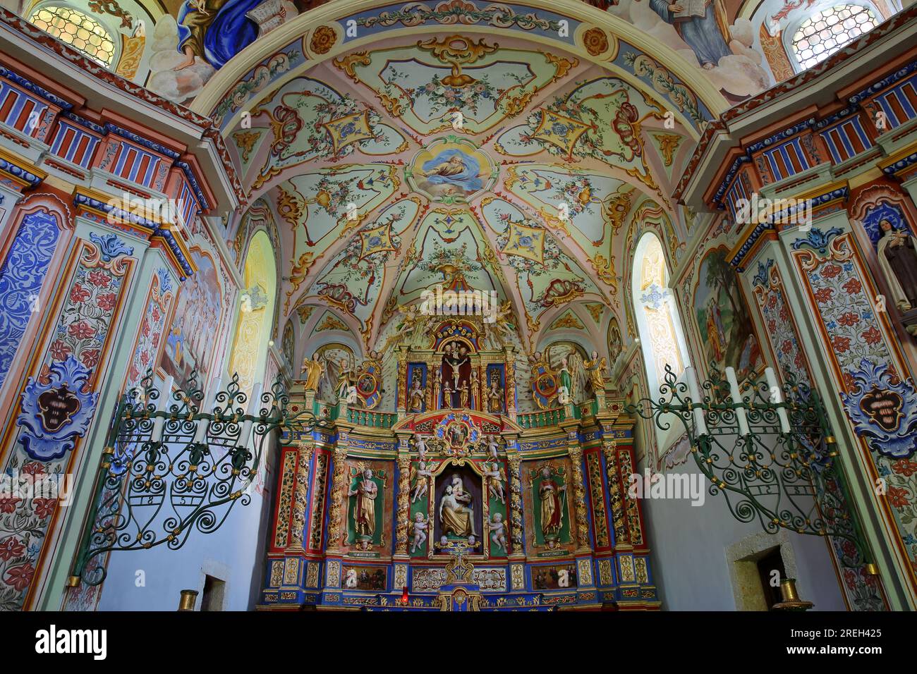 PEISEY NANCROIX, NORTHERN ALPS, FRANCE - JUNE 6, 2023: The colorful and baroque style interior of Notre Dame des Vernettes sanctuary Stock Photo