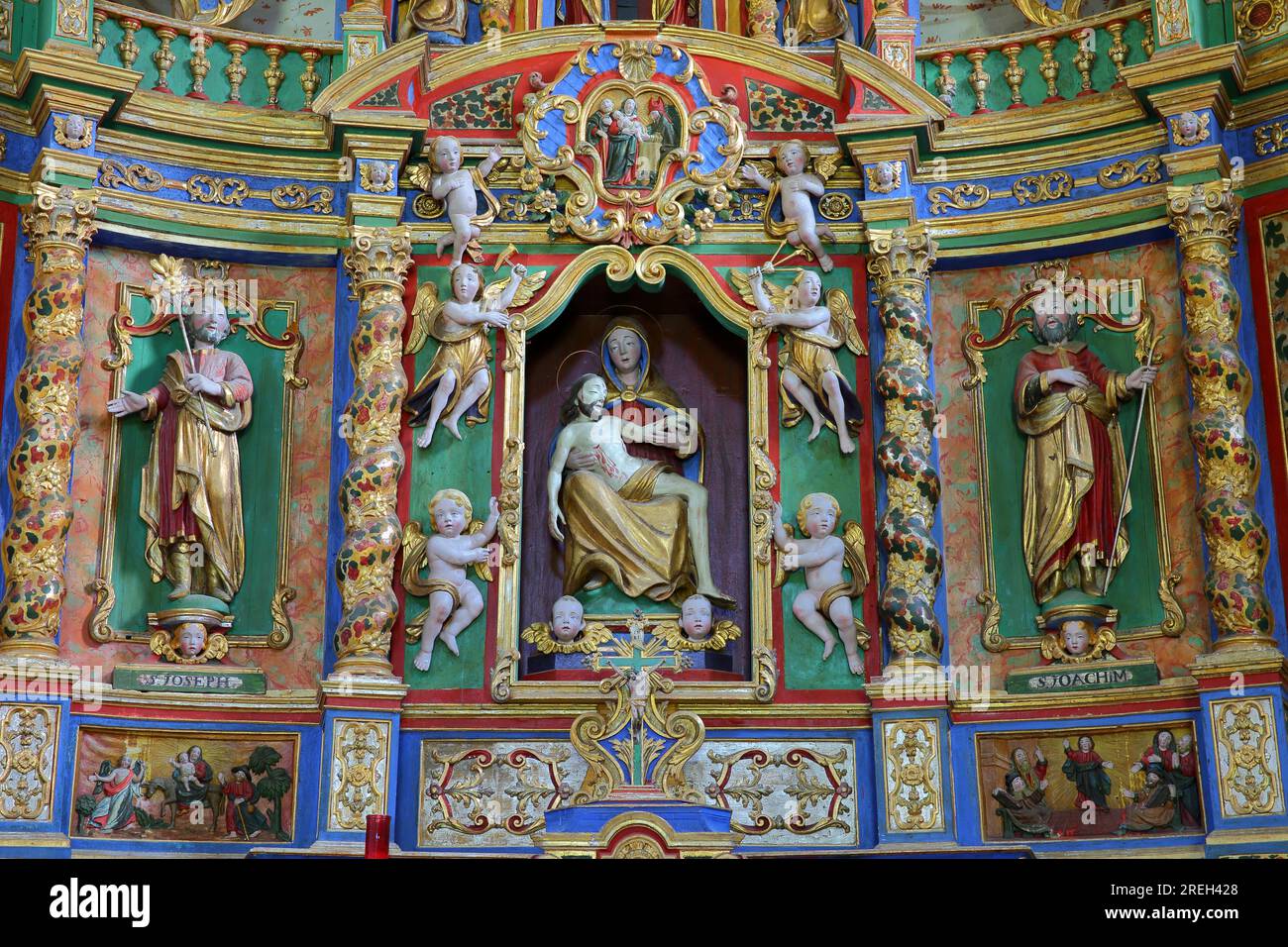 PEISEY NANCROIX, NORTHERN ALPS, FRANCE - JUNE 6, 2023: The colorful and baroque style interior of Notre Dame des Vernettes sanctuary Stock Photo