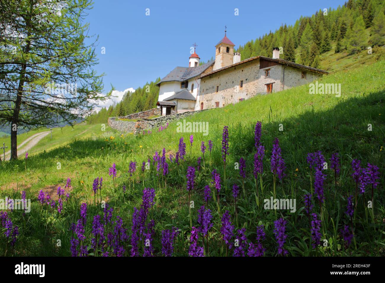 Notre Dame des Vernettes sanctuary (dated from 18 century), a church located above Peisey Nancroix, Northern French Alps, Tarentaise, Savoie, France Stock Photo