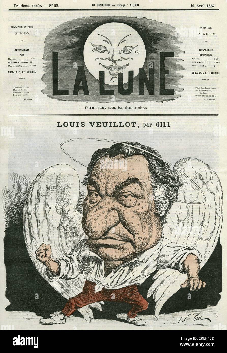 Portrait de Louis Veuillot (1813-1883), journaliste et homme de lettres francais. Caricature par Gill, in "La Lune", le 21 avril 1867. Stock Photo