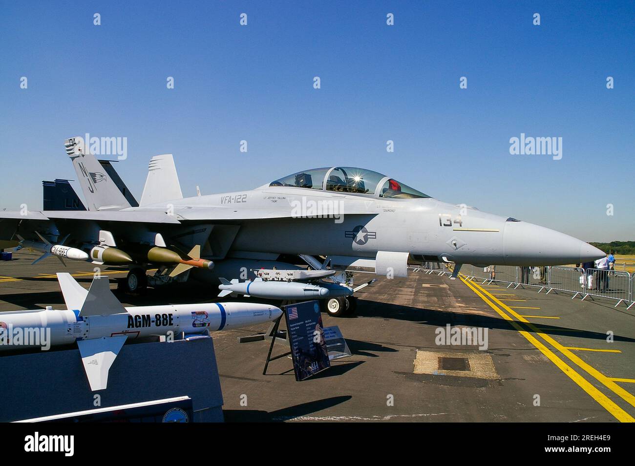 Boeing F/A-18F Super Hornet displayed with weapons at the Farnborough International Airshow 2006, UK. AGM-88E missile antiradiation guided missile Stock Photo