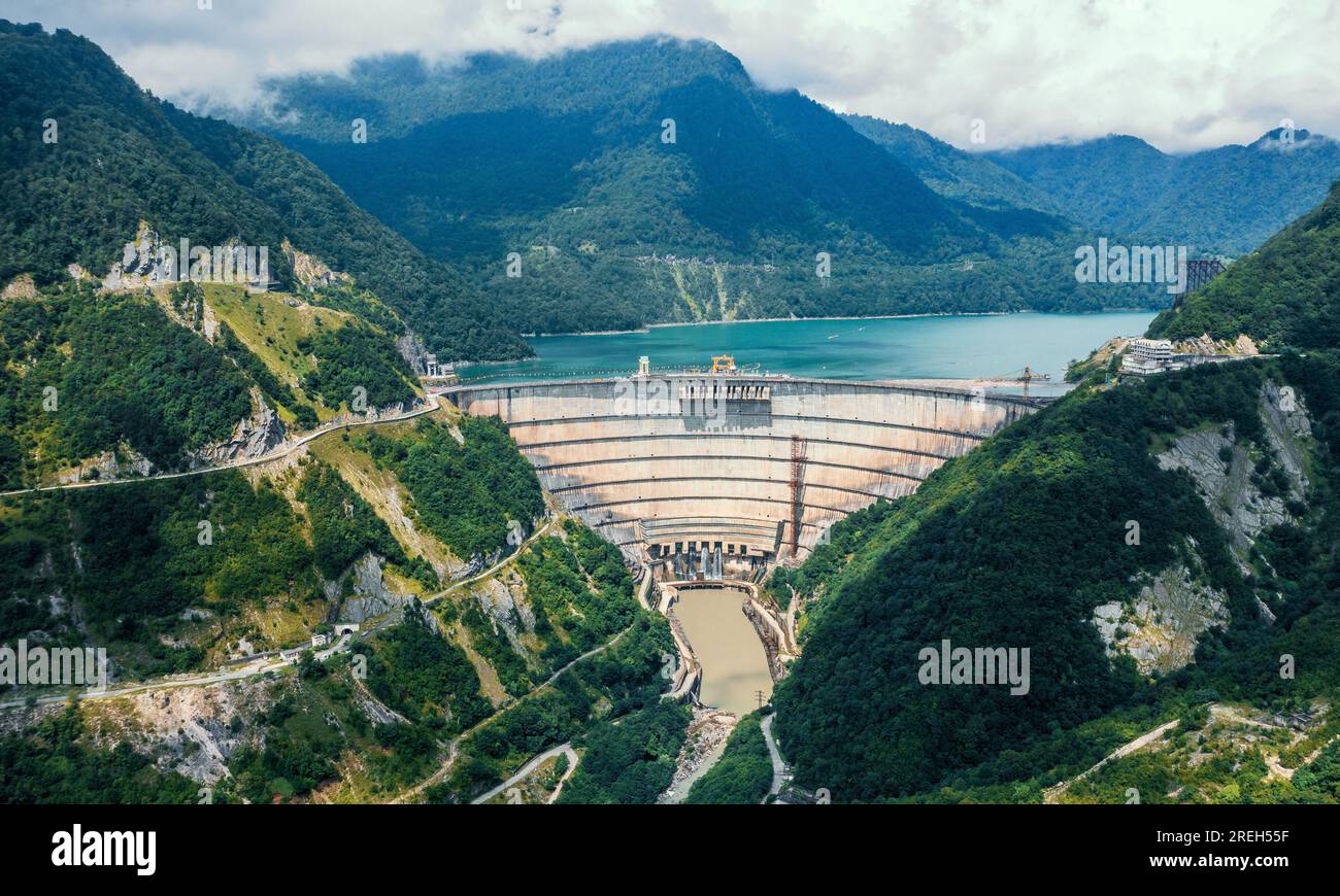 Inguri hydroelectric power plant in Aerial view from drone of