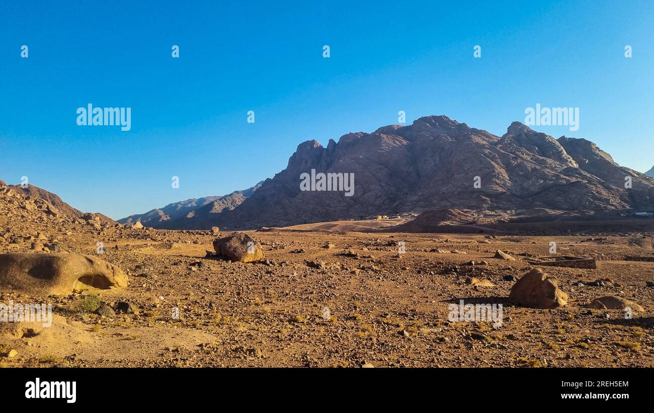 Sinai high mountain desert landscape near Saint Catherine's Monastery ( دير القدّيسة كاترين or Moni tis Agias Aikaterinis), officially the Sacred Auto Stock Photo