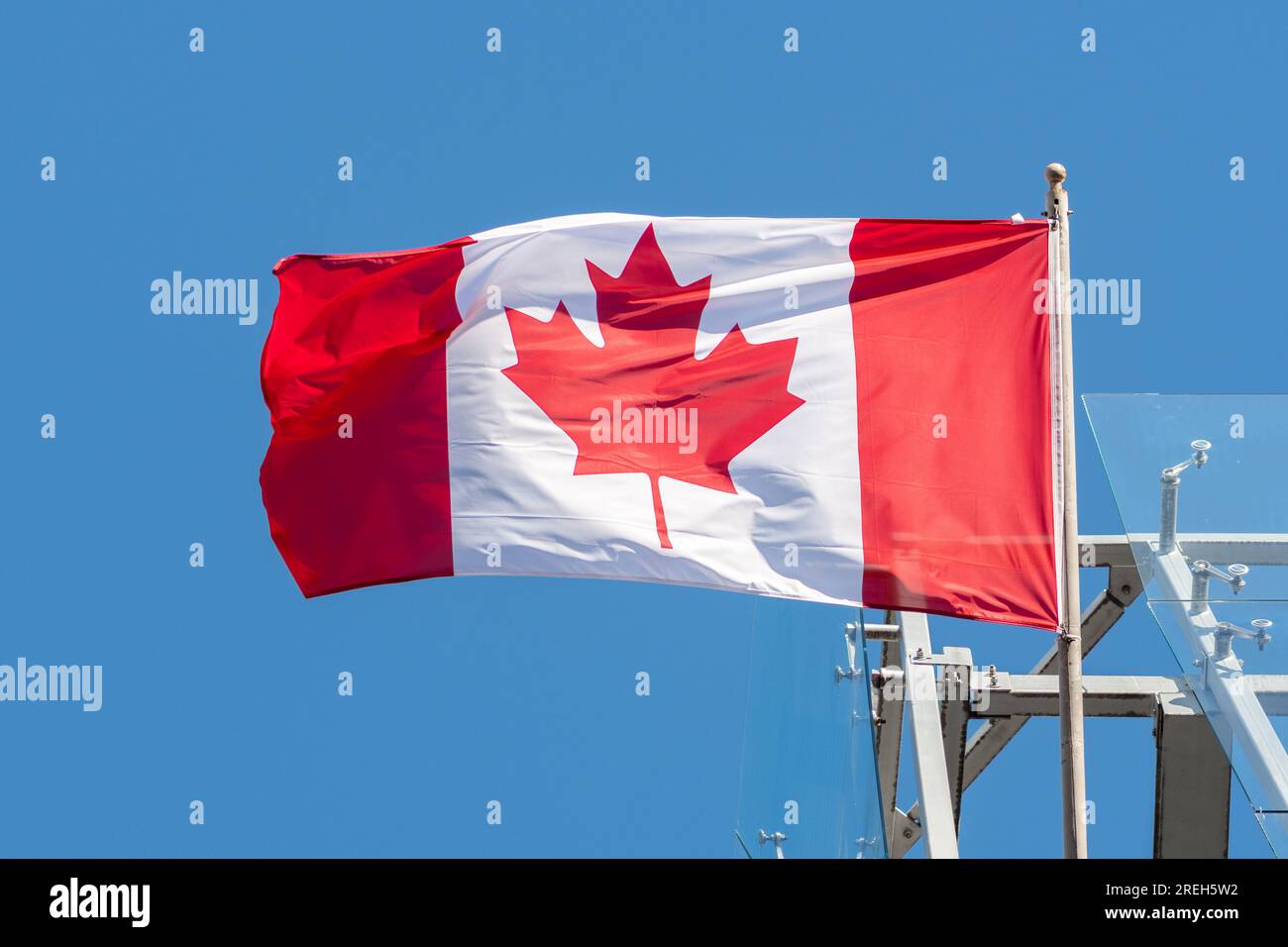 Flag of Canada waiving in the sun with blue sky on the background, close up Stock Photo