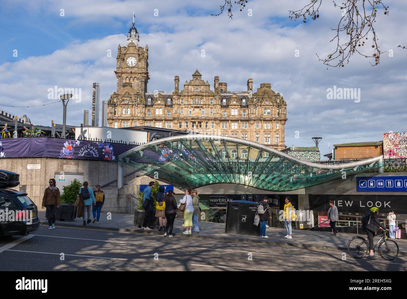Waverley Mall shopping centre and Balmoral Hotel in city centre of Edinburgh in Scotland, UK. Stock Photo