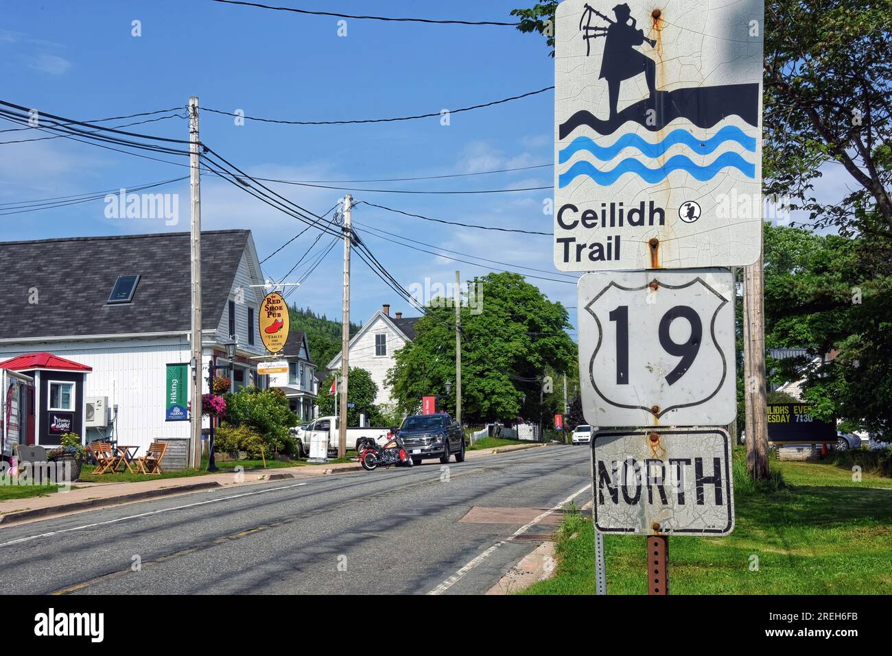 Mabou, Canada - July 26, 2023: Sign for Ceilidh Trail named for the Gaelic word for party, as the area housed many musicians skilled in traditional Ce Stock Photo