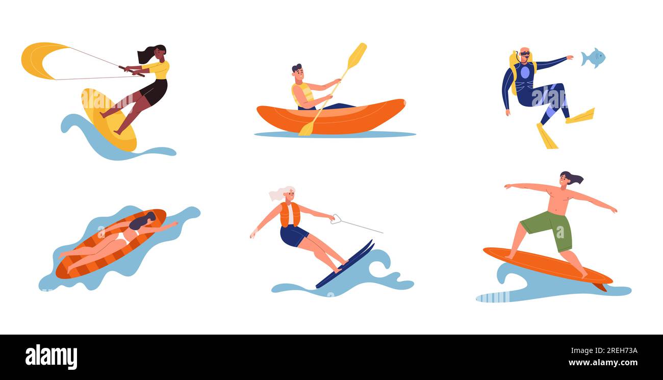 Beach and water activities people, surfing and kiting Stock Vector ...