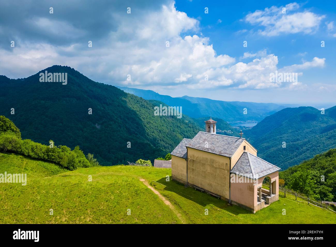Aerial view of the small church at Alpe Loccia. Chesio, Loreglia, Alpe Loccia, Valstrona, Verbano Cusio Ossola district, Piedmont, Italy. Stock Photo