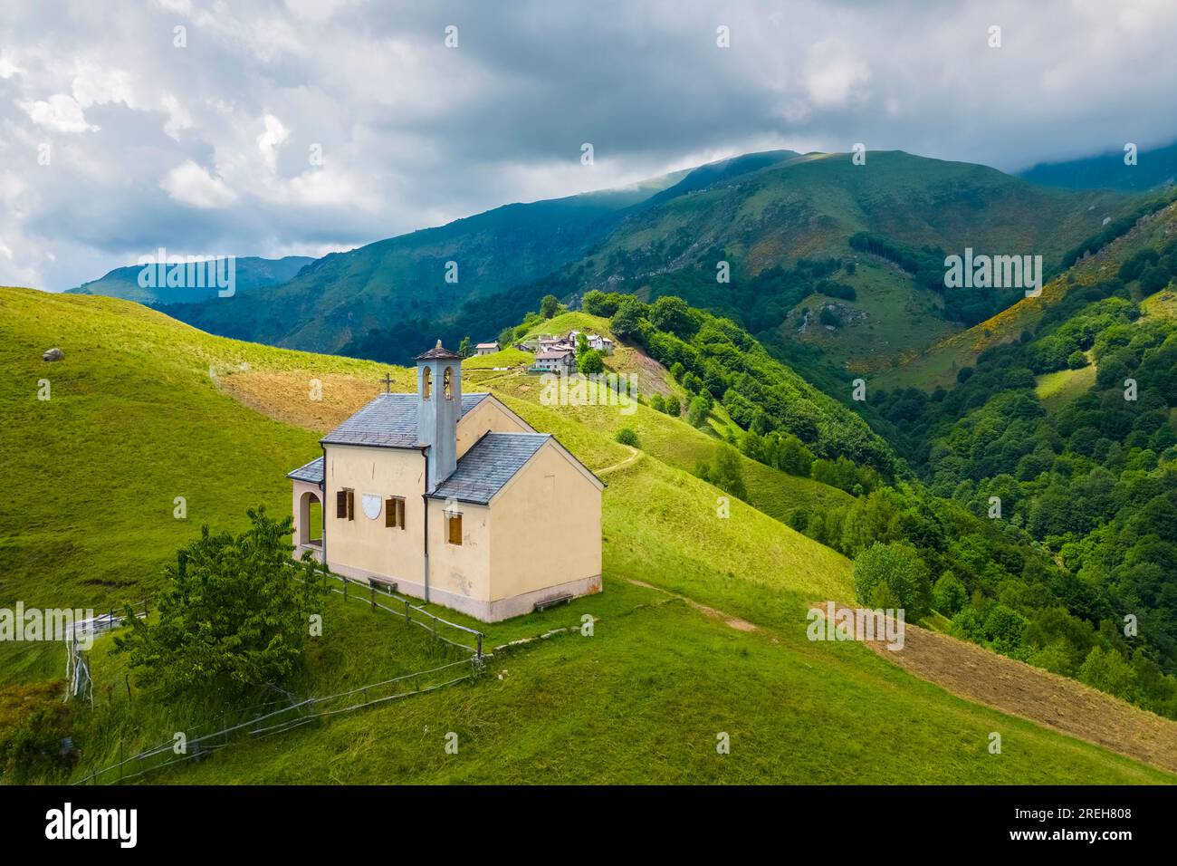 Aerial view of the small church at Alpe Loccia. Chesio, Loreglia, Alpe Loccia, Valstrona, Verbano Cusio Ossola district, Piedmont, Italy. Stock Photo